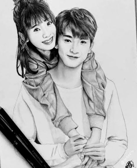 Lin Yi Drawing, Drawing Ideas Couples, Kdrama Sketch, Kdrama Drawing, Face Sketches, Face Art Drawing, Sketch Images, Couple Sketch, Pencil Sketch Images