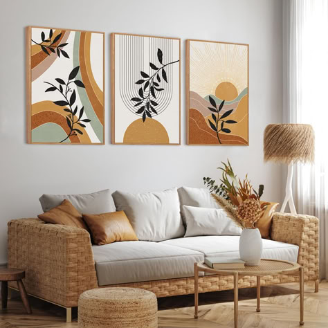 soft and sweet boho wall art perfectly combines elements such as the sun, mountains, palm leaves, and geometric lines, making the artwork more abstract. The perfect combination of bright colors interprets the Bohemian style. Creating a relaxed and comfortable atmosphere，easily match various styles. Boho Framed Wall Art, Bohemian Artwork, Boho Frame Wall, Boho Canvas, Boho Mid Century Modern, Artwork Decor, Boho Frame, Boho Painting, Retro Room