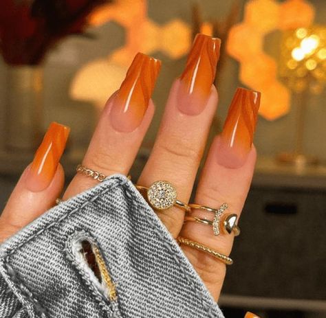 Top 30+ Ombre Fall Nail Designs You Need to Try in 2024 Wedding Nails 2023, Almond Ombre, Fall Wedding Nails, Unique Manicure, Orange Acrylic Nails, Fall Ombre, Orange Nail Designs, Tapered Square Nails, Square Nail Designs