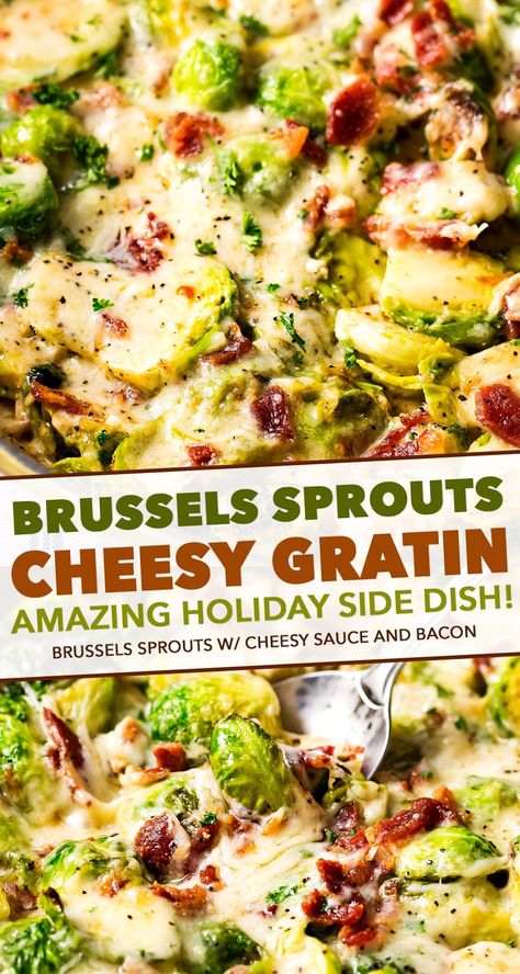 Brussels Sprouts Gratin, The Chunky Chef, Creamy Cheese Sauce, Chunky Chef, Holiday Side Dish, Bacon Brussel Sprouts, Holiday Side, Cheesy Bacon, Sprouts With Bacon