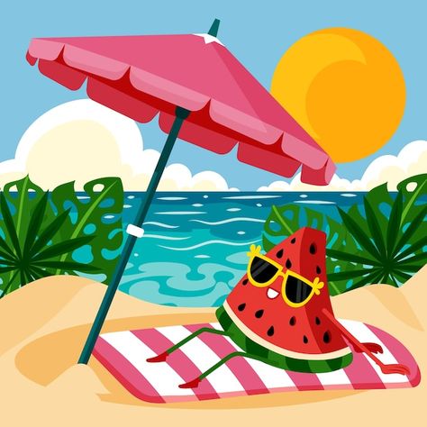 Summer Vibes Illustration, Vibes Illustration, Watermelon Cartoon, Watercolor Text, Summer Beach Wallpaper, Window Mural, Murals For Kids, Beach Illustration, Cow Pictures