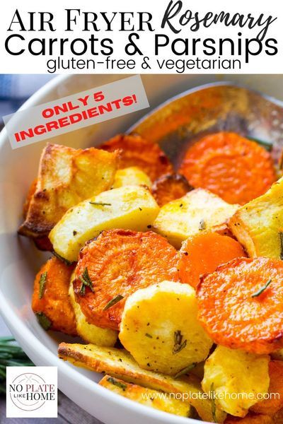 This Roasted Carrots and Parsnips vegetable side dish has crispy edges and is flavored with fresh rosemary, extra virgin olive oil and garlic. It's an air fryer recipe that's nutritious and EASY-to-make with only 5 ingredients to feed your family for dinner.  Gluten-free, low-cal, vegetarian, Vegan. Click the link to get the printable recipe. Air Fryer Roasted Carrots, Air Fryer Carrots, Carrots And Parsnips, Roasted Carrots And Parsnips, Parsnip Recipes, Rosemary Olive Oil, New Air Fryer Recipes, Roasted Parsnips, Vegetable Side Dish