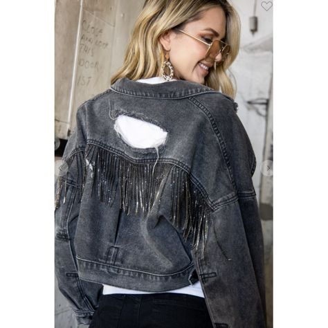 Rhinestone Fringe Denim Jacket-Jacket-[Womens_Boutique]-[NFR]-[Rodeo_Fashion]-[Western_Style]-Calamity's LLC Fringe Denim Jacket, Long Sleeve Denim Jacket, Rhinestone Fringe, Distressed Denim Jacket, Cropped Denim Jacket, Black Denim Jacket, Cool Jackets, Urban Chic, Cropped Denim