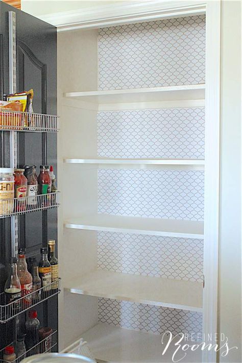 QUICK & EASY PANTRY MAKEOVER Wallpaper On Pantry Shelves, Farmhouse Pantry Shelf Liner, Pantry Shelf Liner, Wire Shelf Liner, Pretty Pantry, Liner Ideas, Small Pantry Organization, Organize Kitchen, Pantry Bin