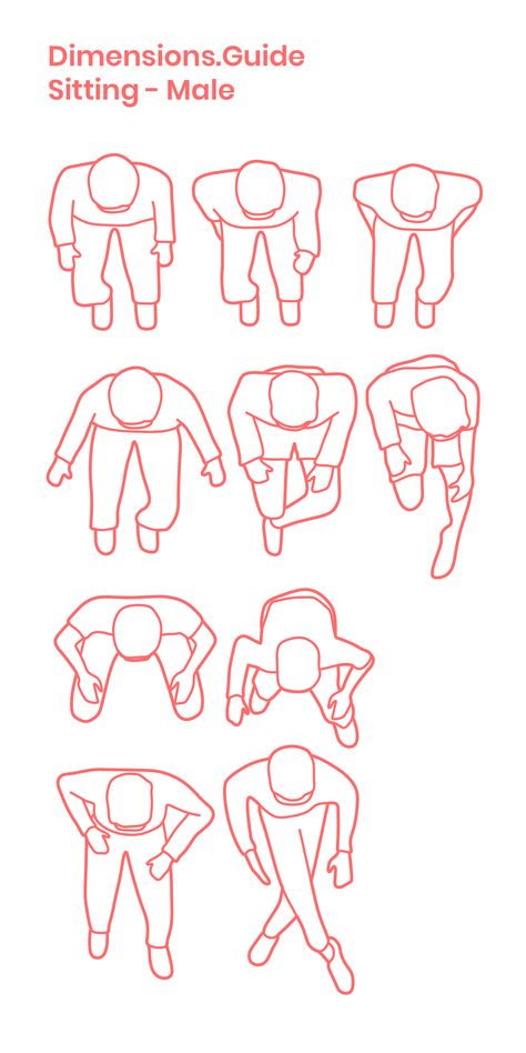 Collection of scaled drawings of men sitting as viewed from an aerial perspective, or plan view. Ranging in postures from casual, to reclined, these illustrations are useful for adding human scale and animation to plan drawings. Male shoulders have an average width of 18" | 46 cm. Downloads online #humans #men #sitting #people #plan Male Shoulders, Drawings Of Men, Aerial Perspective, رسم كاريكاتير, Human Scale, Human Sketch, Human Figure Sketches, Sketches Of People, Human Figure Drawing