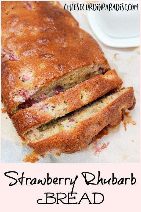 Strawberry Rhubarb Bread is rich, sweet, and tangy. This one-bowl quick bread recipe is an excellent way to use seasonal strawberries and rhubarb. #Strawberry #Rhubarb #QuickBread Strawberry Rhubarb Scones Recipe, Strawberry Rhubarb Bread Easy, Strawberry Rhubarb Loaf Recipes, Strawberry Rhubarb Loaf, Strawberry Rhubarb Bread Recipes, Rhubarb Baking Recipes, Strawberry And Rhubarb Recipes, Rhubarb Loaf Recipes, Rhubarb Recipes Bread