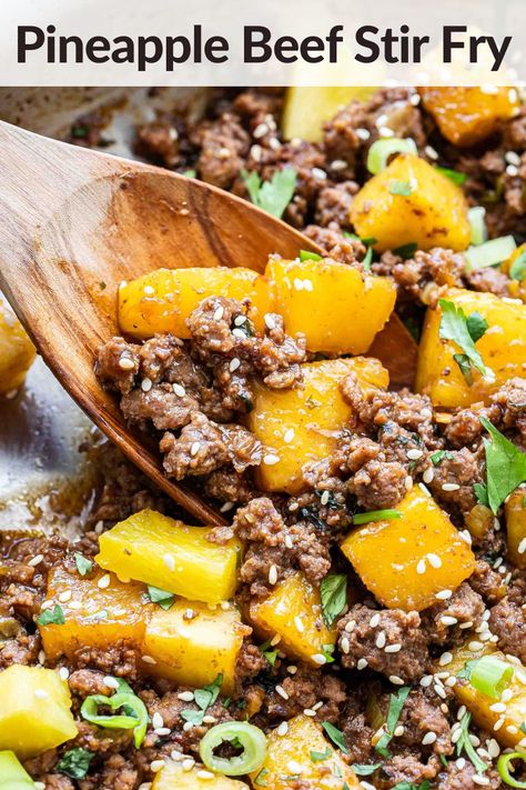 No need to order takeout when you can make this quick and easy Pineapple Beef Stir Fry! Ground beef is cooked in a sweet and spicy chili garlic sauce and tossed with juicy chunks of pineapple. Serve over rice or noodles and enjoy this tasty one pan weeknight dinner! #beefrecipes #groundbeef #beefstirfry #stirfry #pineapple #easymeals #heathydinner Ground Pork And Pineapple Recipes, Pineapple Ground Beef, Ground Beef Pineapple Recipes, Ground Beef And Pineapple Recipes, Pineapple Beef Stir Fry, Beef And Pineapple Recipes, Beef Snack Stick Recipe, Meals To Make With Ground Beef, Beef Pineapple