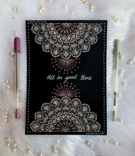 Black Cover Page Design, White Mandala On Black Paper, Hindi Notebook Cover Ideas, Mandala On Black Paper, Aesthetic Borders, Hindi Project, Drawing Mandalas, Gel Pen Art, Eyeshadow Basics