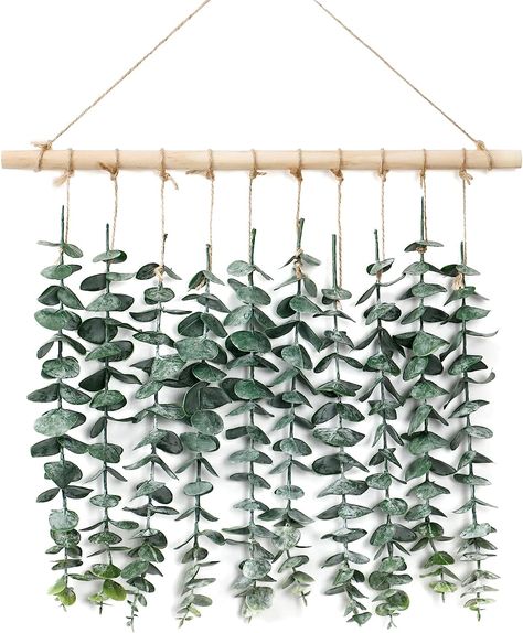 Material & Size : The hanging realistic artificial eucalyptus leaves are made of high quality plastic, never wither and always keep green. Wood Stick, Sisal rope. Size is 12.2 inch x15.7 inch / 31cmx40cm. (Not including the length of hanging rope) Handmade Craft : This vines plant is designed and imitated according to the real shape. Each plant is carefully selected and processed, and then hand-assembled on wooden sticks by our workers. Country Farmhouse Decor Living Room, Eucalyptus Wall Hanging, Boho Chic Home, Living Room Apartment, Artificial Plant Wall, Fake Plants Decor, Hanging Plant Wall, Artificial Eucalyptus, Fa Fal