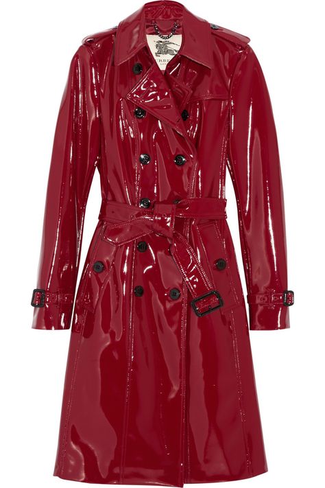 Burberry Glossed-vinyl Trench Coat in Red Patent Trench Coats, Burberry Raincoat, Raincoat Fashion, Green Raincoat, Pvc Raincoat, Burberry Trench Coat, Pvc Coat, Shiny Clothes, Raincoats For Women