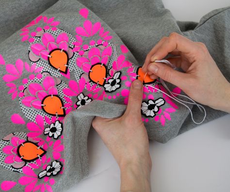 EMBELLISHED SWEATSHIRTS the hand stitching stage. dAKOTA rAE dUST Embroidery Portfolio, Beaded Clothing, Hand Stitches, Crochet Jewellery, Embellished Clothing, Embellished Sweatshirts, Diy Clothing, Textile Jewelry, Crafty Projects