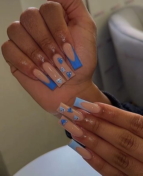 Baby Blue Nails Designs, Cdg Nails, Pink Blue Nails, Sqaure Nails, Baby Blue Acrylic Nails, Ruby Nails, Blue Coffin Nails, Blue French Tips, Baby Blue Nails