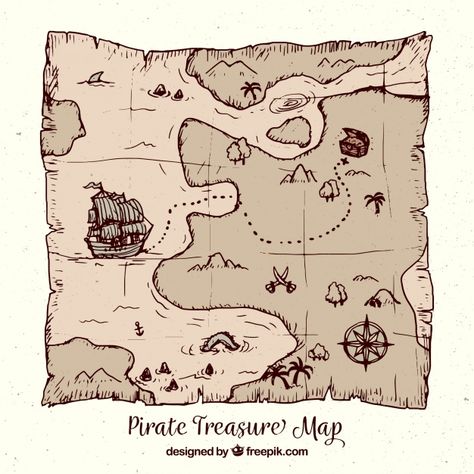 Pirate treasure map in hand-drawn style Free Vector Treasure Map Drawing, Map Drawing Ideas, Treasure Maps For Kids, Treasure Hunt Map, Map Drawing, Pirate Treasure Maps, Santa Claus Images, Board Game Design, Hand Drawn Map