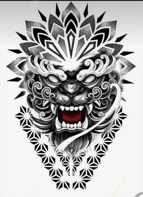 Small Foo Dog Tattoo, Dark Disney Tattoo, Mandala Tattoo Men, Tato Mandala, Oni Mask Tattoo, Atlas Tattoo, Foo Dog Tattoo, Small Neck Tattoos, Zeus Tattoo