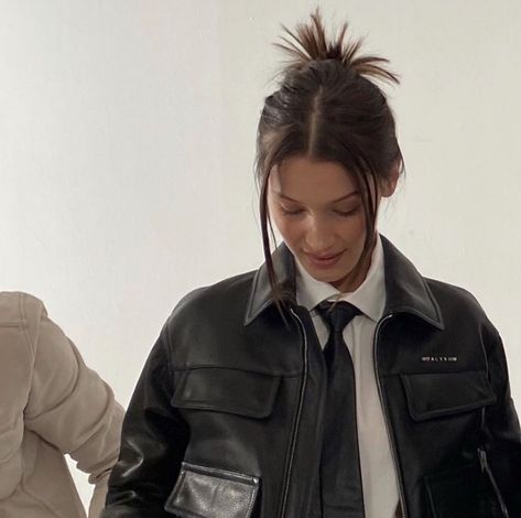 Bella Hadid, Off Duty, A Woman, Wall, Hair, Leather, White, Black