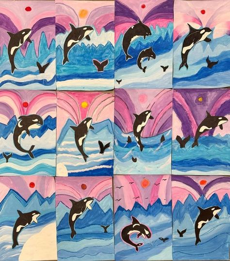 School • Instagram Winter Animal Art, Whale Art Project, Shark Art Kindergarten, Elementary Ocean Art Projects, Endangered Animals Art Projects, Iris Scott Shaking Dog Art Lesson, Orca Art, 3d Art Projects, Summer Art Projects