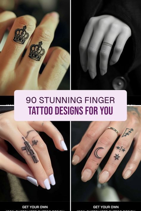 Searching for finger tattoo ideas? Discover our amazing collection of 90+ tiny designs! From elegant crown tattoos to trendy minimalist lines, and even unique small gun designs, there's something here for everyone. Perfect for those new to ink or striking a statement, finger tattoos are endless fun and creativity! Explore creative placements and what each design signifies, adding a personal touch. Dive into these fabulous finger tattoo concepts that showcase your personality and style today! Tattoo Designs For Fingers Women, Womens Finger Tattoos Simple, Womens Finger Tattoos, Finger Tats For Women, Delicate Finger Tattoos For Women, Finger Tattoo Stencil, Cute Finger Tattoos For Women, Feminine Finger Tattoos, Crown Finger Tattoo