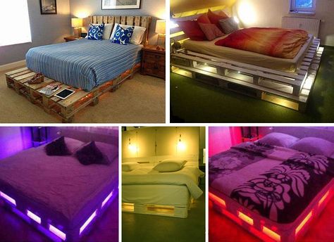 Install LED lights in a DIY pallet bed for a modern rustic bedroom. Diy Pallet Bed Ideas, Pallet Furniture Bed, Pallet Bed Ideas, Pallet Bed With Lights, Palette Bed, Modern Rustic Bedrooms, Diy Pallet Bed, Pallet Beds, Diy Hanging Shelves