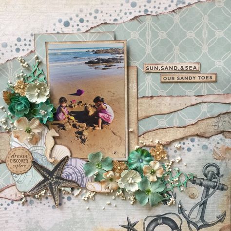 Cruise Scrapbook Pages, Beach Scrapbook Layouts, Wedding Scrapbooking Layouts, Cruise Scrapbook, Sand And Sea, Vacation Scrapbook, Mixed Media Art Canvas, Scrap Ideas, Summer Scrapbook