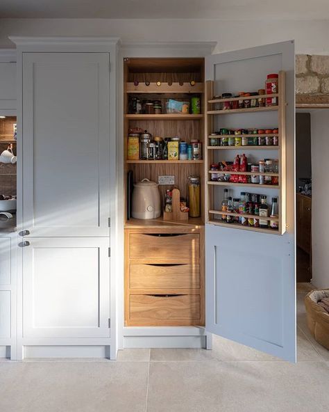 This larder is not only narrower than most it is also not as deep proving that it's possible to get one even in the smallest of spaces. Larder Storage, Kitchen Larder Cupboard, Herb Rack, Modern Kitchen Storage, Kitchen Larder, Larder Cupboard, Pantry Cupboard, Kitchen Organization Pantry, Rustic Kitchen Design