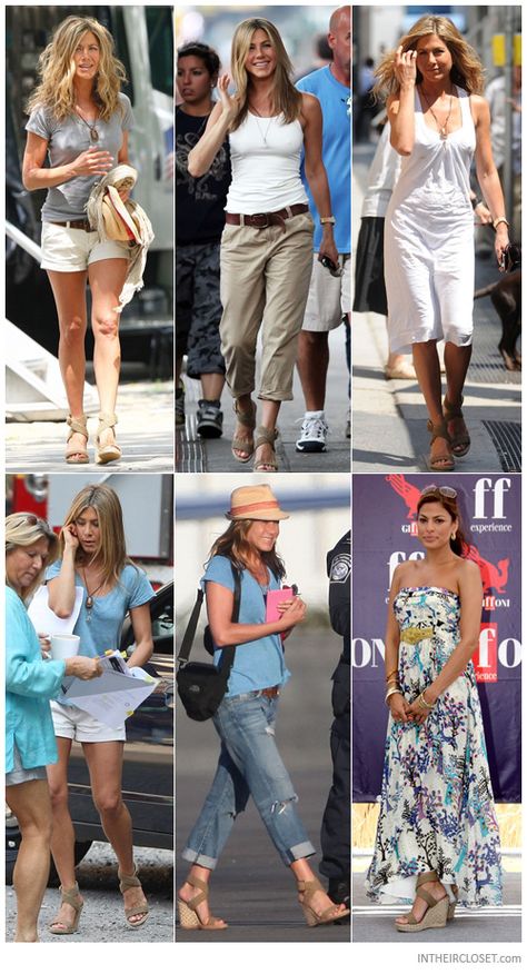 Sexiest wedges .... “Alex” from Stuart Weitzman. Celebrity Travel Style, Wedge Sandals Outfit, Jennifer Anniston Style, Sandals Outfit Summer, Wedges Outfit, Jennifer Aniston Style, Jenifer Aniston, Michael Kors Wedges, Eva Mendes