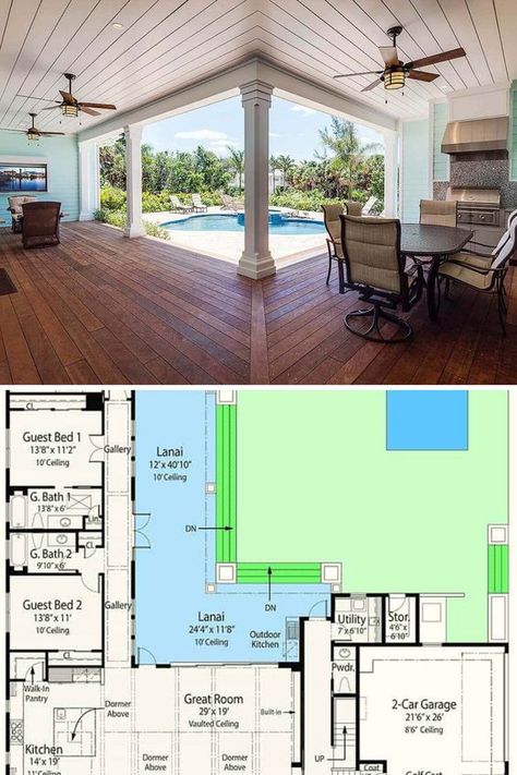 U Shaped One Story House Plans With Pool, 2 Story U Shaped House Plans, Tropical Island House Plans, Key West Style House Plans, 4 Bedroom House Plans With Pool, 5 Bedroom Coastal House Plans, 4 Bedroom L Shaped House Plans, Vacation House Floor Plan, Hawaiian House Floor Plan