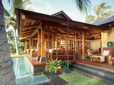 Timber Frame Paradise Water Catchment System, Hawaiian Architecture, Tropical Home Design, Tropical House Plans, Patio Roof Ideas, Modern Timber Frame Homes, Lanai Design, Resort Hotel Design, Hanok House