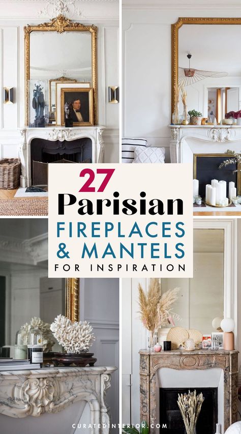 Parisian Fireplace, Paris Living Room, French Fireplace Mantel, Paris Living Rooms, Apartments In Paris, Paris Living, Fireplace Styling, Fireplaces And Mantels, Parisian Living Room