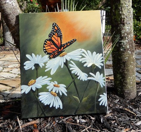 Butterfly On Flower Painting, Monarch Butterfly Painting, Butterfly Painting On Canvas, Sunny Background, Butterfly Oil Painting, Butterfly Acrylic Painting, Flower Painting On Canvas, Fall Canvas Painting, Butterfly Art Painting