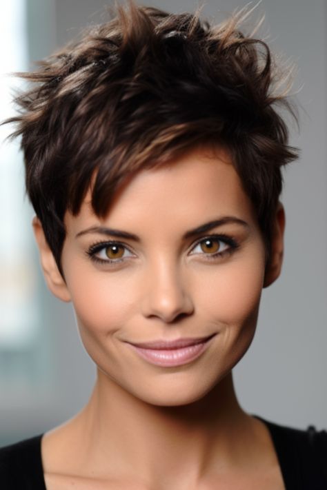 If you want the fierce brunette look, the short spiky dark brown cut will rock perfectly. The spiky hair texture brings out a trendy, young feel in the dark brown shade of hair. Click here to check out more trending dark brown hair color ideas right now. Brown Haircuts Short, Short Pixie Haircuts Brunette, Brunette Hair Color Short, Short Hair Colors Ideas, Dark Hair Pixie Haircut, Super Short Pixie Haircuts, Spiky Pixie Haircut, Short Brown Hairstyles, Short Spiky Hair