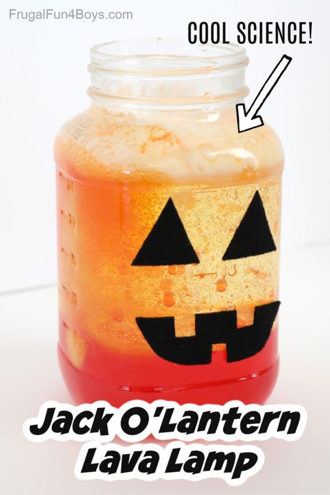 Jack O'Lantern Lava Lamp - Frugal Fun For Boys and Girls Pumpkin Lava Lamp, Jack O Lantern Art Preschool, Jack O Lantern Art For Kids, Jack O Lantern Preschool, Jack O Lantern Crafts For Kids, Diy Lava Lamp For Kids, Halloween Lava Lamp, Halloween Crafts For Kids Elementary, Lava Lamp Experiment For Kids