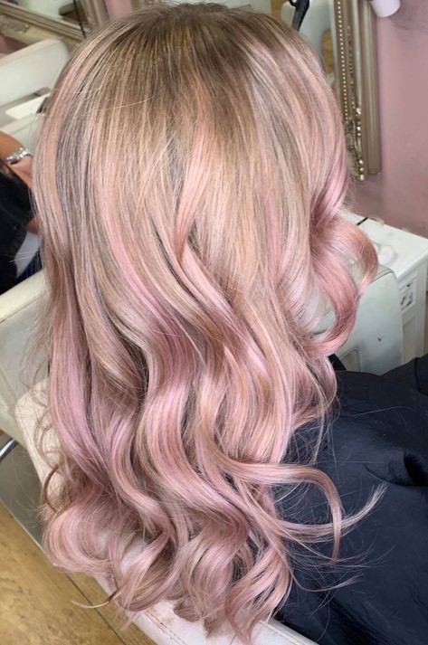 Blonde Hair With Soft Pink Highlights, Honey Blonde Hair With Pink Highlights, Baby Pink Highlights In Blonde Hair, Light Pink Highlights In Blonde Hair, Blonde Balayage With Pink, Light Pink Balayage, Blonde Pink Balayage, Baby Pink Highlights, Blond Pink Hair