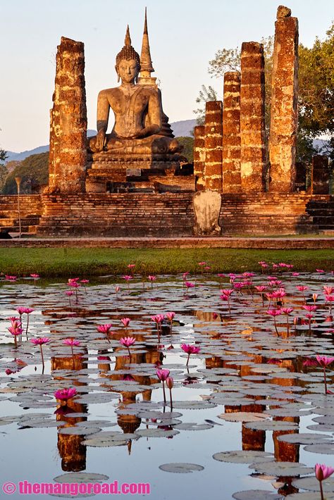 Wat Mahathat, Sukhothai, Thailand. Founded in 1292 it is the largest and most important of all the temples at Sukhothai. Sukhothai Thailand, Wat Mahathat, Travelling Asia, Thailand Temple, Theravada Buddhism, Ancient Places, Standing Buddha, Temple Ruins, Places Worth Visiting