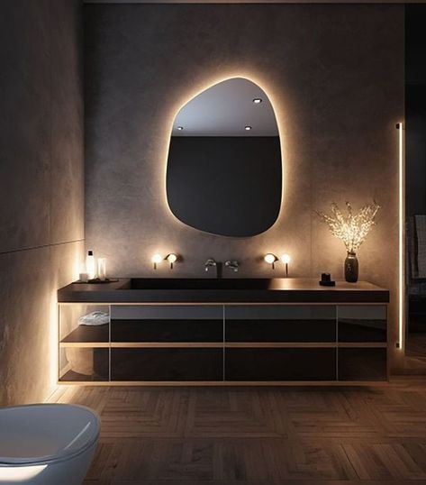 Beautiful Bathroom Mirrors, Led Bathroom Mirror Ideas, Mirror Asymmetrical, Organic Mirror, Modern Design Bathroom, Salon Mirror, Backlit Bathroom Mirror, Bathroom Mirror Design, Salon Mirrors