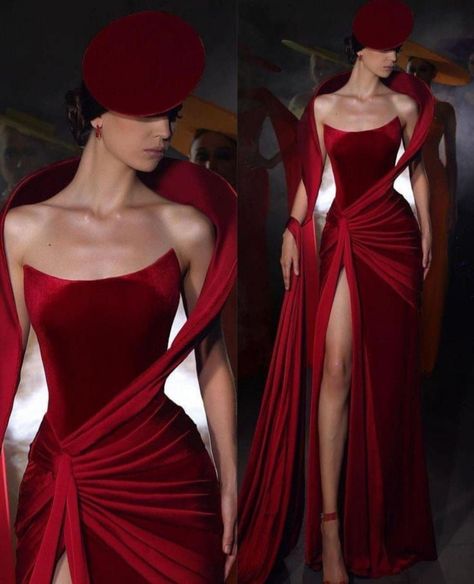 Red Dress High Fashion, Red Gown With Gloves, Red Velvet Dress Aesthetic, Bodycon Gown Long Classy, Long Gown Ideas, Dark Red Outfit, New Year Party Outfit, Classy Fashion Chic, Minimalist Gown