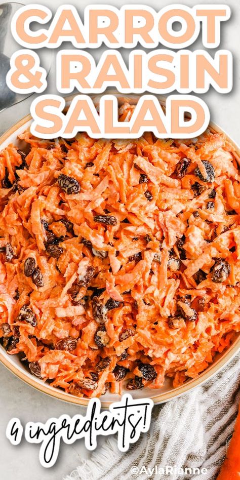 Crunchy Carrot and Raisin Salad – a sweet and savory blend in creamy dressing. Easy, healthy, and delicious. With only 4 ingredients including grated or shredded carrots, raisins, mayo, and sugar it can easily be whipped up anytime. A perfect simple side dish or snack. To make it vegan just swap the mayo for vegan mayo! #CarrotSalad #HealthyEating #SimpleRecipe via @aylarianne Carrot And Raisin Salad, Dinner Ideas Southern, Sunday Dinner Ideas Families, Southern Coleslaw, Raisin Salad, Carrot Raisin Salad, Sunday Dinner Ideas, Picnic Side Dishes, Southern Side Dishes