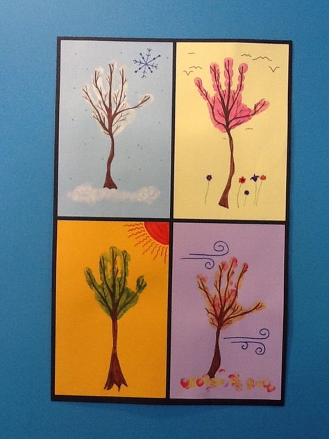 Tree Crafts For Toddlers, Trees Craft, Seasons Craft, Winter Animal Crafts, Four Seasons Art, Montessori Work, Hand Print Tree, Daycare Themes, Prek Crafts