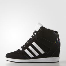 Adidas Wedge Sneakers, Black Ankle-high High-top Sneakers For Sports, Urban Adidas High-top Sneakers With Round Toe, Daphne Shoes, Black And White High-top Sneakers With Rubber Sole, Gym Shoes Outfit, Black High-top Platform Wedge Sneakers, Black High-top Wedge Sneakers With Thick Bottom, Emo Shoes