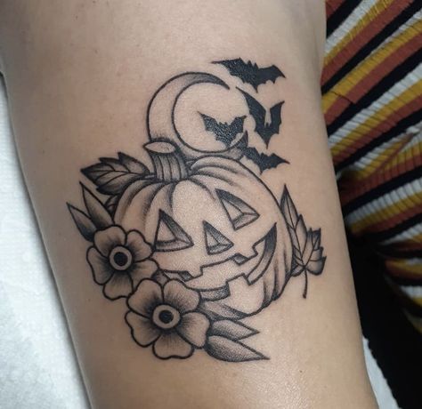 Halloween Tattoo Black And White, Cute Jack O Lantern Tattoo, Neo Traditional Halloween Tattoo, Halloween Themed Tattoos, Fall Tattoo Ideas, Pumpkin Tattoos, Witch Tattoos, Fall Tattoos, Fall Tattoo