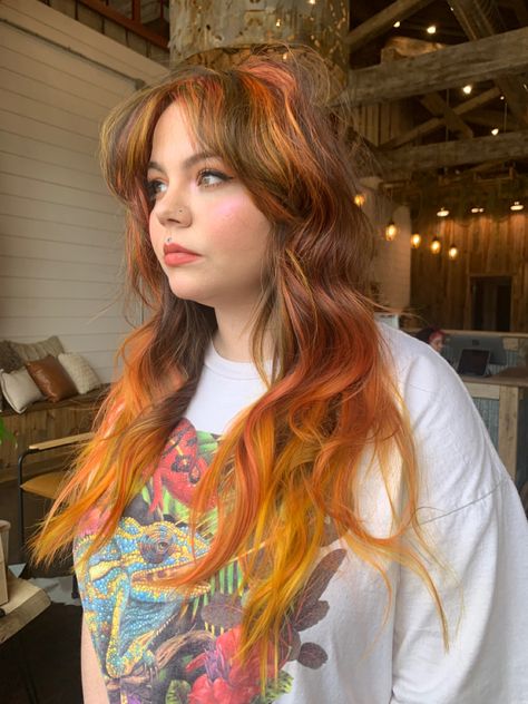 Orange Balayage On Black Hair, Orange Front Hair Streaks, Orange Pink Highlights In Brown Hair, Neon Orange Highlights, Orange Blonde Brown Hair, Orange Tint Hair, Balayage Orange Hair, Neon Balayage, Lived In Vivid Hair