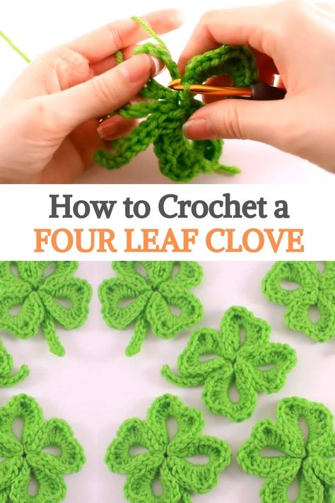 Need a quick little St. Patrick’s day project? This crochet four-leaf clover is perfect for pinning to your shirt, attaching to a headband, turning it into a pair of earrings, or securing it to your bag. The possibilities are endless. This is the project we recommend anyone try in the month of March for St.Patrick’s day. It works up in a matter of minutes and with only scraps of green yarn you probably already have on in your stash. St Patrick Day Crochet Free Patterns, St Patrick’s Day Crochet Garland, Saint Patricks Day Crochet Patterns, Four Leaf Clover Crochet Pattern, St Patrick's Day Crochet, St Patrick Crochet, St Patrick’s Crochet, St Patricks Crochet Patterns, March Crochet Projects