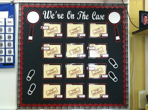 Job board. Student names are "Detective ____". Forensic Classroom Decor, Secret Agent Bulletin Board, Detective Themed Classroom Decor, Mystery Bulletin Board Ideas, Clue Classroom Theme, Mystery Classroom Theme, Detective Themed Classroom, Objectives Board, Mystery Unit