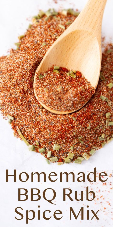 Homemade BBQ Rub Spice Mix is simple to make with everyday spices you probably have in your cupboard. The smoky tangy flavors are great on everything from chicken to pork to burgers to steak. Bbq Rubs Homemade, Spice Rub For Ribs, Homemade Bbq Rub, Pantry Mixes, Bbq Potato Chips, Pantry Hacks, Herb Blends, Bbq Rub Recipe, Refreshing Summer Recipes