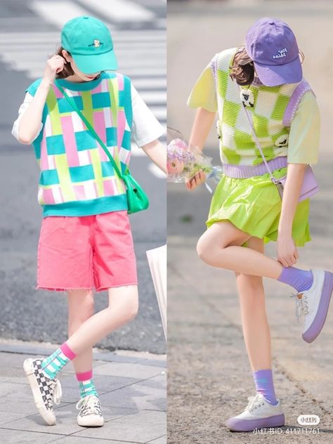 Colorful Sporty Outfits, Dopamine Outfits, Colorful Korean Fashion, Peony Aesthetic, Bright Colored Outfits, Street Outfits, Fashion Kawaii, Girl Fashion Style, Aesthetic Streetwear