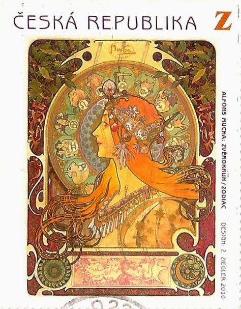 My Favorite #Stamps : Czech Republic 2010, Alfons #Mucha : Zodiak, Z Alfons Maria Mucha, Alphonse Mucha Art, Mucha Art, Alfons Mucha, Art Nouveau Poster, French Poster, Alphonse Mucha, Zodiac Art, Famous Art