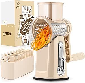 SUSTEAS Rotary Cheese Grater with Handle - Food Shredder with 5 Well-designed Blades & Strong Suction Base,Round Mandoline Slicer & Vegetable Grater for Kitchen,1 Bonus Blade Storage Box (Beige) Modern Kitchen Tools, Vegetable Shredder, Mandoline Slicer, Mandolin Slicer, Vegetable Chopper, Vegetable Slicer, Food Chopper, Cheese Grater, Kitchen Utensils Gadgets