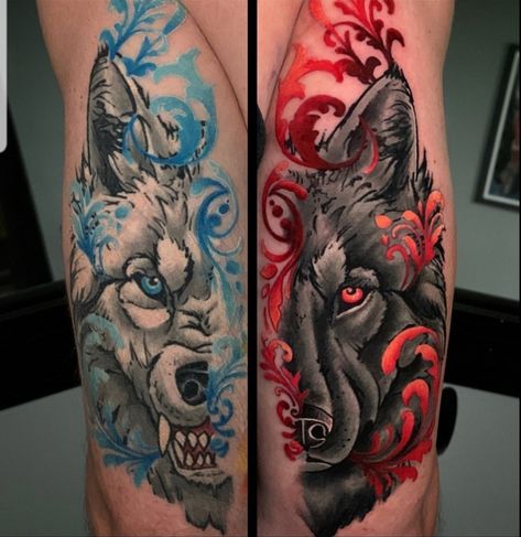 Twin Wolf Tattoo, Husband And Wife Wolf Tattoos, Wolf Tattoo Matching, Couples Wolf Tattoos Love, Wolf Tattoo For Couples, Male And Female Wolf Tattoo, His And Hers Wolf Tattoos, Matching Wolf Tattoos Couples, Large Matching Tattoos