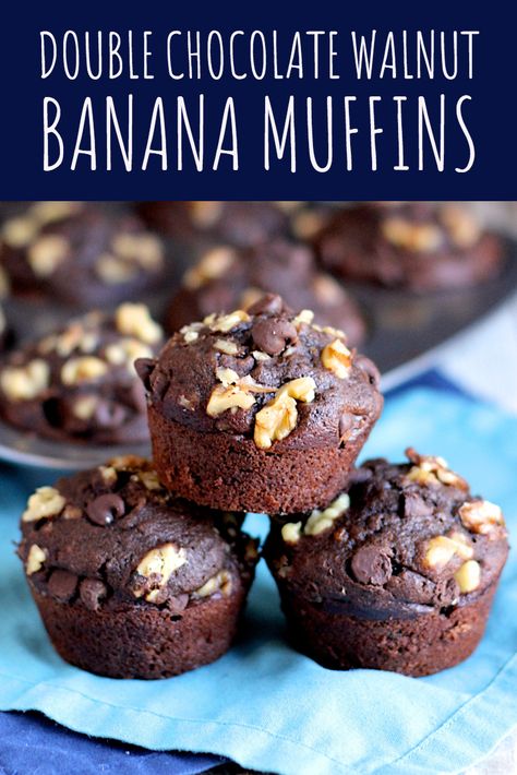 Double Chocolate Walnut Banana Muffins | A Nerd Cooks Banana Walnut Muffins, Walnut Muffins, Banana Bread Cookies, Chocolate Banana Muffins, Banana Walnut, Banana Chocolate, Healthy Cake, Meant To Be Together, Banana Flavored