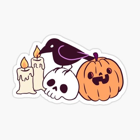 Crow On A Skull, Halloween Stickers Printable, Cute Crow, Thread Projects, Imprimibles Halloween, Spooky Halloween Designs, Sticker Business, Pumpkin Illustration, Stickers Halloween