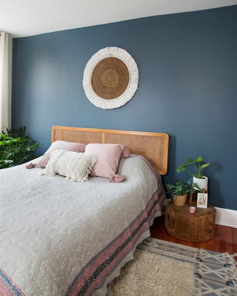 A second bedroom features an accent wall painted in Behr’s “English Channel.” (Image credit: <a href="https://www.adrianadecervantes.com/index">Adriana De Cervantes</a>) Blue Bedroom Paint, Small Baby Room, Bedroom Accent Wall, Row Home, Blue Bedroom Ideas, Blue Accent Walls, Romantic Bedroom Decor, Blue Bedroom Decor, Accent Wall Bedroom